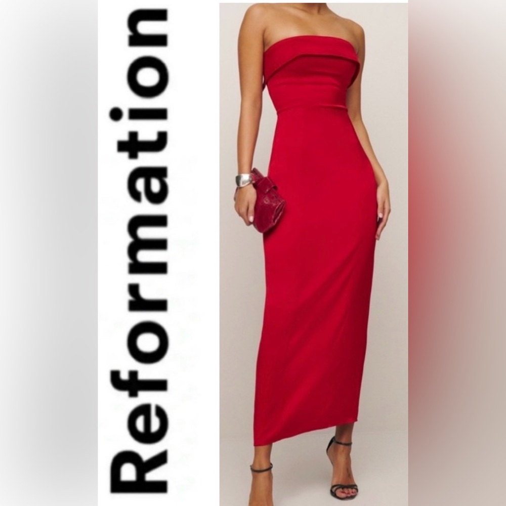 Reformation Johan Strapless Midi Dress Lipstick Red NWT Size 12